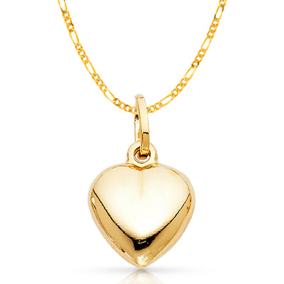 14K Gold Plain Heart Charm Pendant with 2mm Figaro 3+1 Chain Necklace