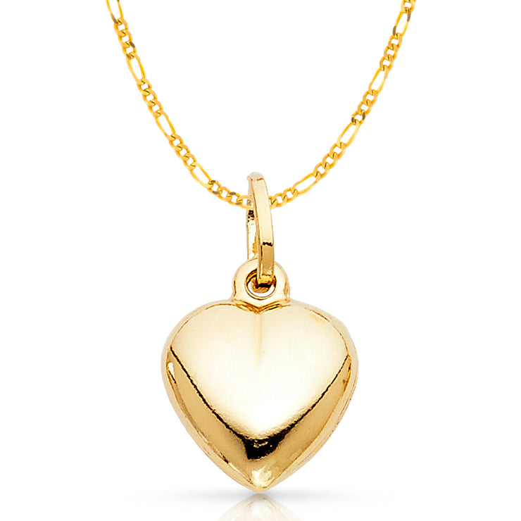 14K Gold Plain Heart Charm Pendant with 2mm Figaro 3+1 Chain Necklace