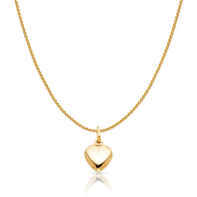 14K Gold Plain Heart Charm Pendant with 0.9mm Wheat Chain Necklace
