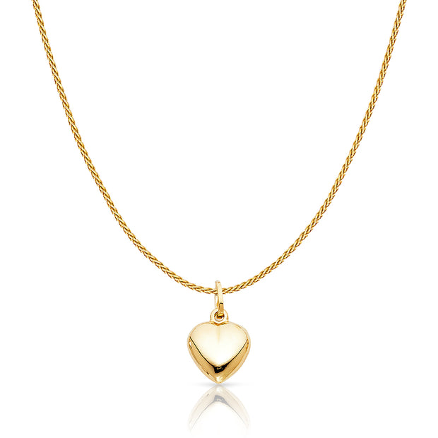 14K Gold Plain Heart Charm Pendant with 0.9mm Wheat Chain Necklace