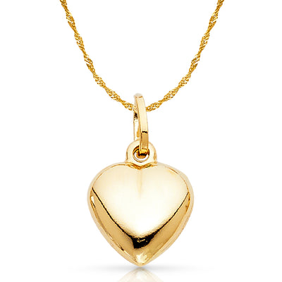 14K Gold Plain Heart Charm Pendant with 1.2mm Singapore Chain Necklace