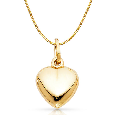 14K Gold Plain Heart Charm Pendant with 1.2mm Flat Open Wheat Chain Necklace