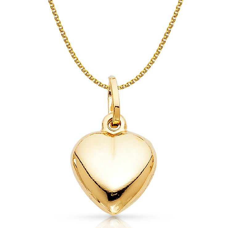 14K Gold Plain Heart Charm Pendant with 1.2mm Flat Open Wheat Chain Necklace