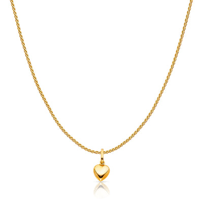 14K Gold Plain Heart Charm Pendant with 0.9mm Wheat Chain Necklace