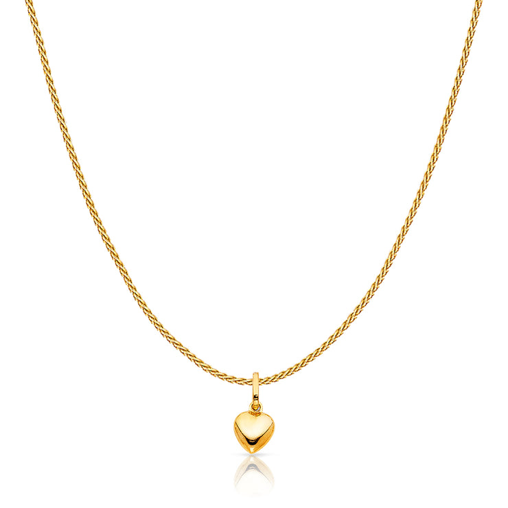 14K Gold Plain Heart Charm Pendant with 0.9mm Wheat Chain Necklace