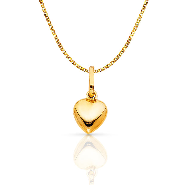 14K Gold Plain Heart Charm Pendant with 1.2mm Flat Open Wheat Chain Necklace
