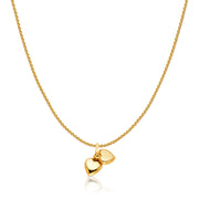 14K Gold Double Plain Heart Charm Pendant with 0.9mm Wheat Chain Necklace