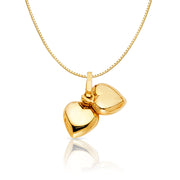 14K Gold Double Plain Heart Charm Pendant with 0.8mm Box Chain Necklace