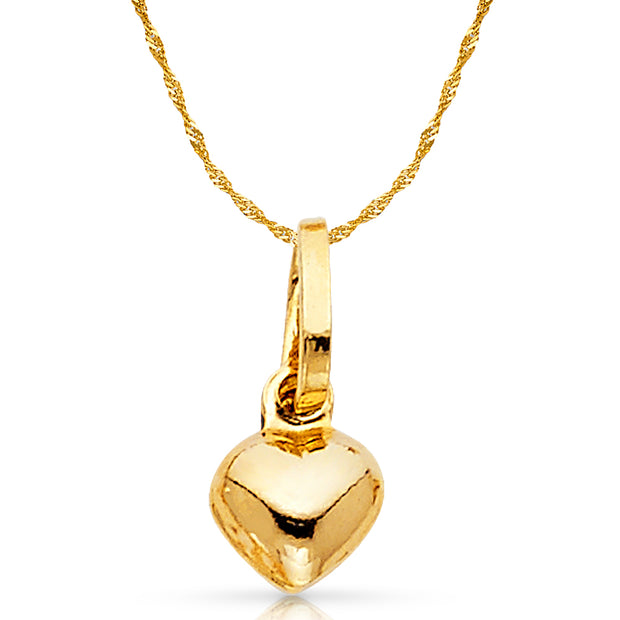 14K Gold Plain Heart Charm Pendant with 0.9mm Singapore Chain Necklace