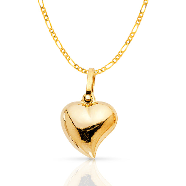 14K Gold Plain Heart Charm Pendant with 2mm Figaro 3+1 Chain Necklace