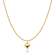 14K Gold Plain Heart Charm Pendant with 0.9mm Wheat Chain Necklace