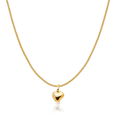 14K Gold Plain Heart Charm Pendant with 0.9mm Wheat Chain Necklace