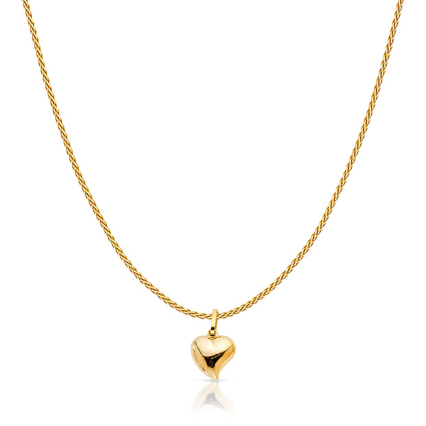 14K Gold Plain Heart Charm Pendant with 0.9mm Wheat Chain Necklace