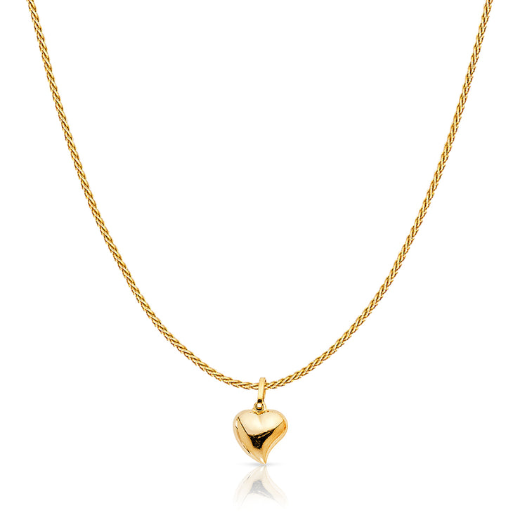 14K Gold Plain Heart Charm Pendant with 0.9mm Wheat Chain Necklace