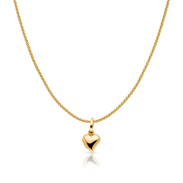 14K Gold Plain Heart Charm Pendant with 0.9mm Wheat Chain Necklace
