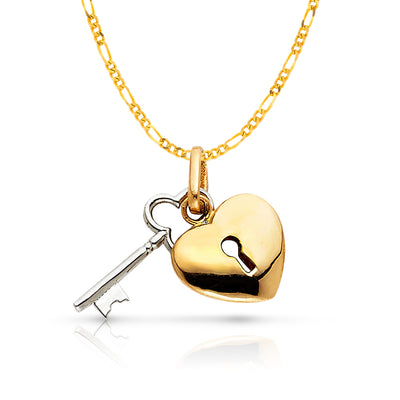 14K Gold Key to Heart Charm Pendant with 2mm Figaro 3+1 Chain Necklace