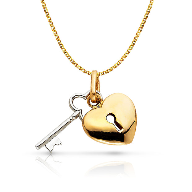 14K Gold Key to Heart Charm Pendant with 1.5mm Flat Open Wheat Chain Necklace