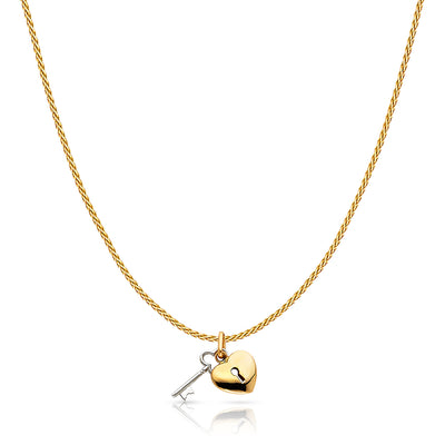 14K Gold Key to Heart Keyhole Charm Pendant with 0.9mm Wheat Chain Necklace