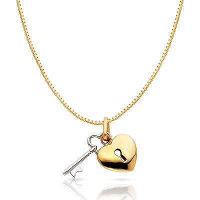 14K Gold Key to Heart Keyhole Charm Pendant with 0.8mm Box Chain Necklace