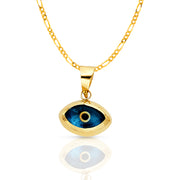14K Gold Evil Eye Charm Pendant with 2mm Figaro 3+1 Chain Necklace