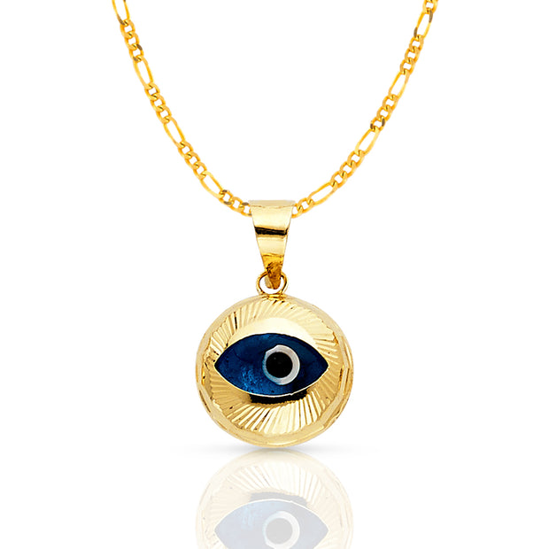 14K Gold Evil Eye Fluted Round Charm Pendant with 2.3mm Figaro 3+1 Chain Necklace