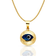 14K Gold Evil Eye Fluted Round Charm Pendant with 1.5mm Flat Open Wheat Chain Necklace