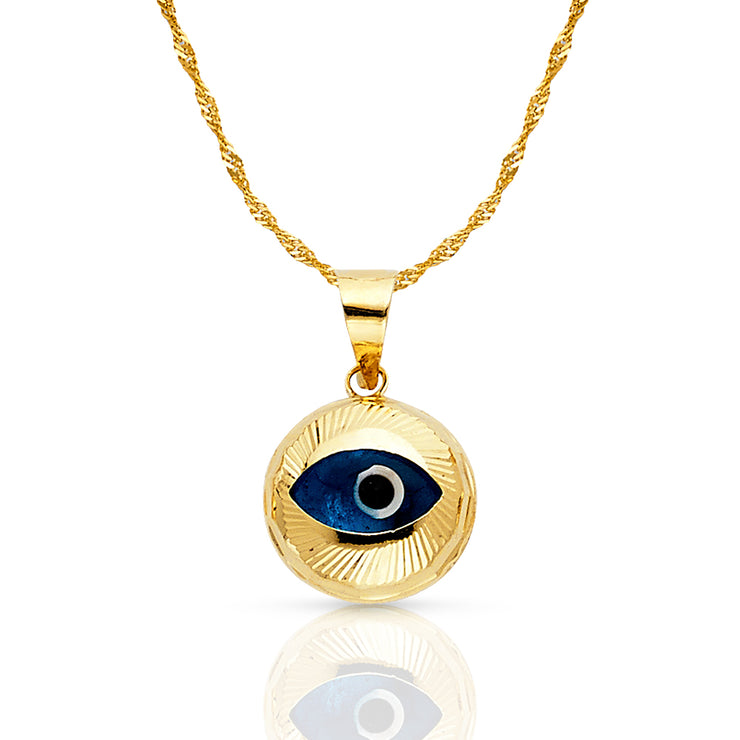 14K Gold Evil Eye Fluted Round Charm Pendant with 1.2mm Singapore Chain Necklace