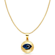 14K Gold Blue Evil Eye Fluted Round Charm Pendant with 0.8mm Box Chain Necklace