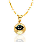 14K Gold Evil Eye Fluted Round Charm Pendant with 2mm Figaro 3+1 Chain Necklace