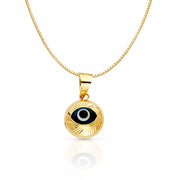 14K Gold Evil Eye Fluted Round Charm Pendant with 0.8mm Box Chain Necklace