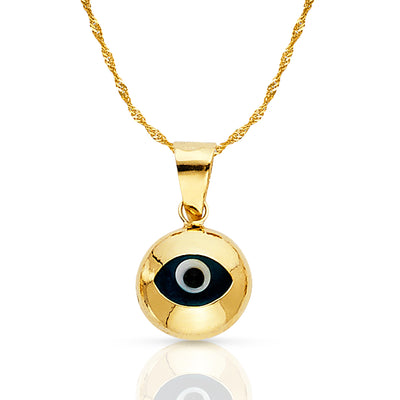 14K Gold Evil Eye Round Charm Pendant with 1.2mm Singapore Chain Necklace