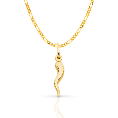 14K Gold Italian Horn Charm Pendant with 2mm Figaro 3+1 Chain Necklace