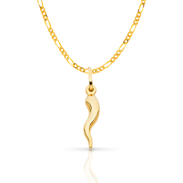 14K Gold Italian Horn Charm Pendant with 2mm Figaro 3+1 Chain Necklace