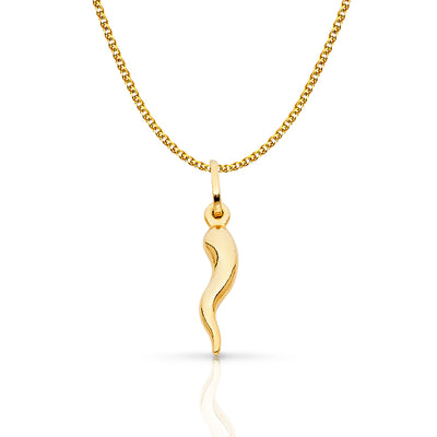 14K Gold Italian Horn Charm Pendant with 1.5mm Flat Open Wheat Chain Necklace