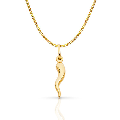 14K Gold Italian Horn Charm Pendant with 1.5mm Flat Open Wheat Chain Necklace
