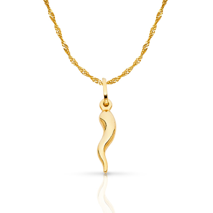 14K Gold Italian Horn Charm Pendant with 1.2mm Singapore Chain Necklace