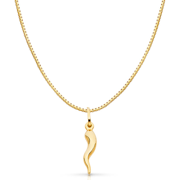 14K Gold Cornicello Italian Horn Fortune Charm Pendant with 0.8mm Box Chain Necklace