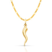 14K Gold Italian Horn Charm Pendant with 2mm Figaro 3+1 Chain Necklace
