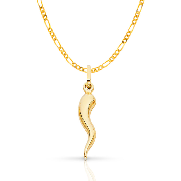 14K Gold Italian Horn Charm Pendant with 2mm Figaro 3+1 Chain Necklace