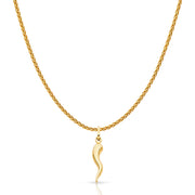 14K Gold Cornicello Italian Horn Fortune Charm Pendant with 1.1mm Wheat Chain Necklace