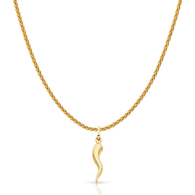 14K Gold Cornicello Italian Horn Fortune Charm Pendant with 1.1mm Wheat Chain Necklace