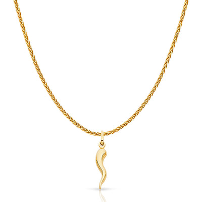 14K Gold Cornicello Italian Horn Fortune Charm Pendant with 1.1mm Wheat Chain Necklace