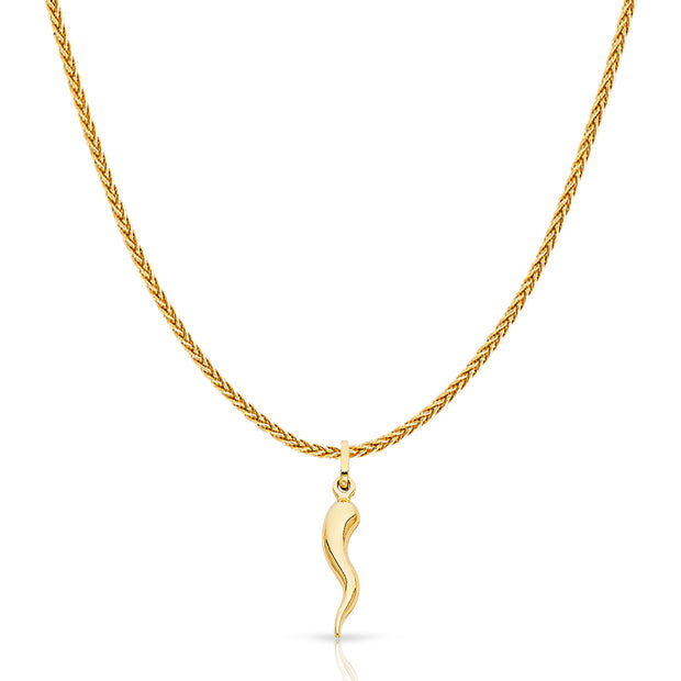 14K Gold Cornicello Italian Horn Fortune Charm Pendant with 1.1mm Wheat Chain Necklace