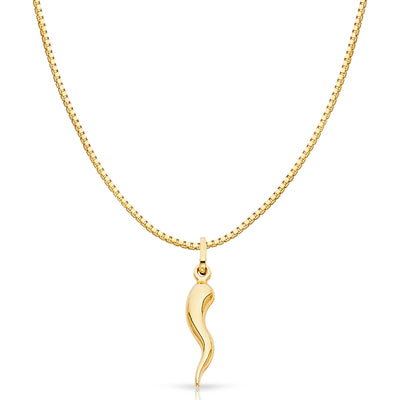 14K Gold Cornicello Italian Horn Fortune Charm Pendant with 0.8mm Box Chain Necklace