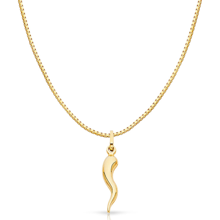 14K Gold Cornicello Italian Horn Fortune Charm Pendant with 0.8mm Box Chain Necklace