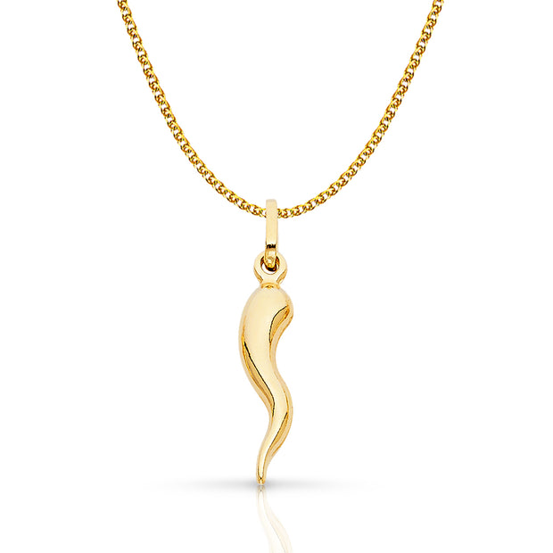 14K Gold Italian Horn Charm Pendant with 1.2mm Flat Open Wheat Chain Necklace