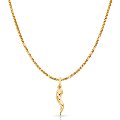 14K Gold Twisted Cornicello Italian Fortune Horn Charm Pendant with 1.1mm Wheat Chain Necklace