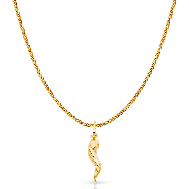 14K Gold Twisted Cornicello Italian Fortune Horn Charm Pendant with 1.1mm Wheat Chain Necklace