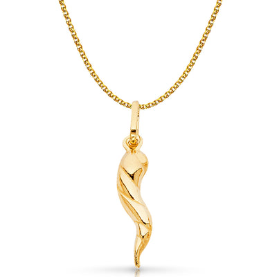 14K Gold Italian Horn Charm Pendant with 1.2mm Flat Open Wheat Chain Necklace