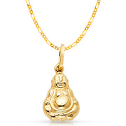 14K Gold Plain Buddha Charm Pendant with 2mm Figaro 3+1 Chain Necklace